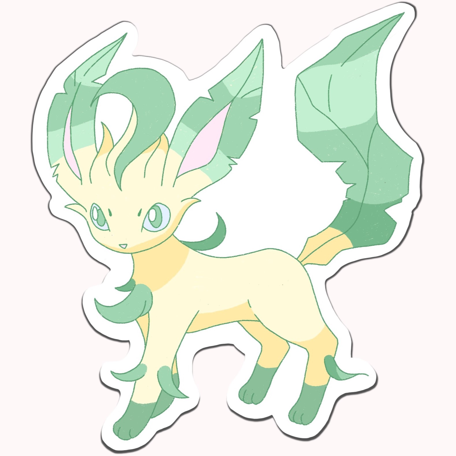 Leafeon sticker design. Shows Leafeon the Pokemon in a yellow and green color scheme with a pop of pink.