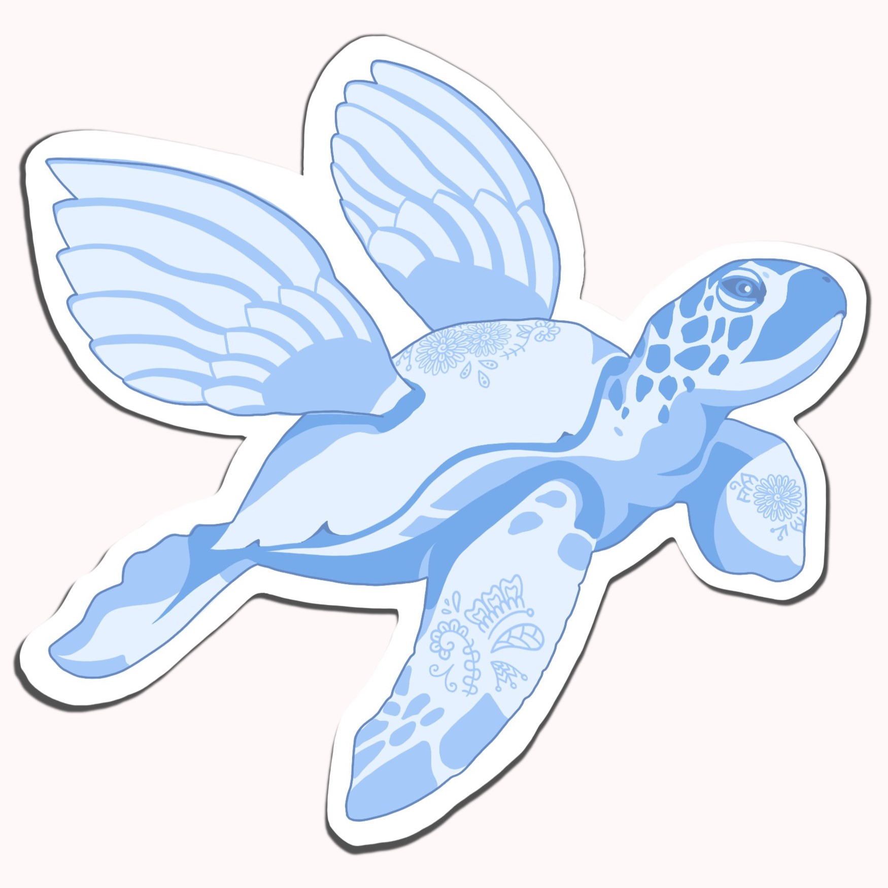 Winged Turtle sticker design. Shows floating sea turtle with wings in a light blue monochromatic color palette.