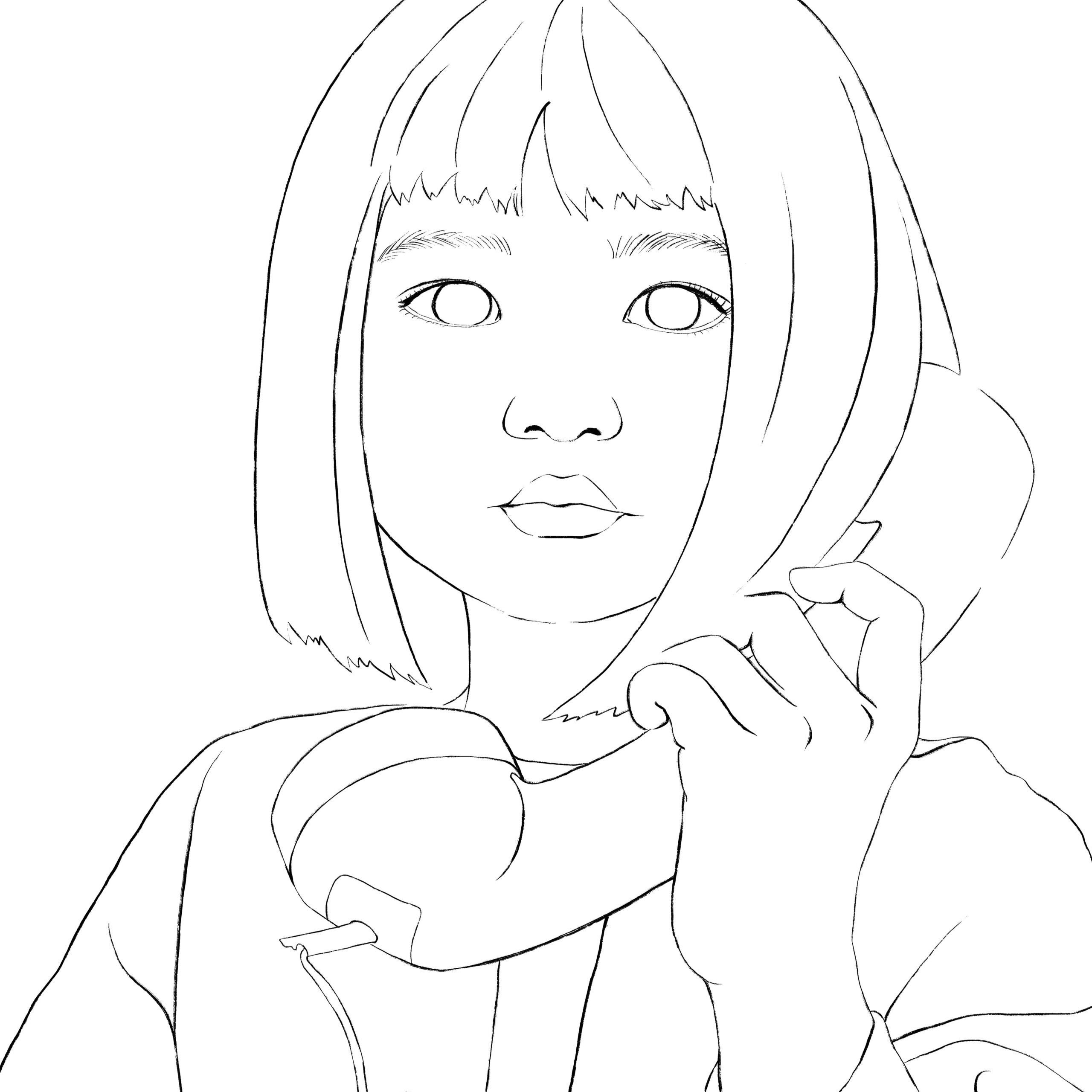 Telephone coloring sheet with black linework and white background. Shows young girl with short hair and bangs holding a telephone with a cord.