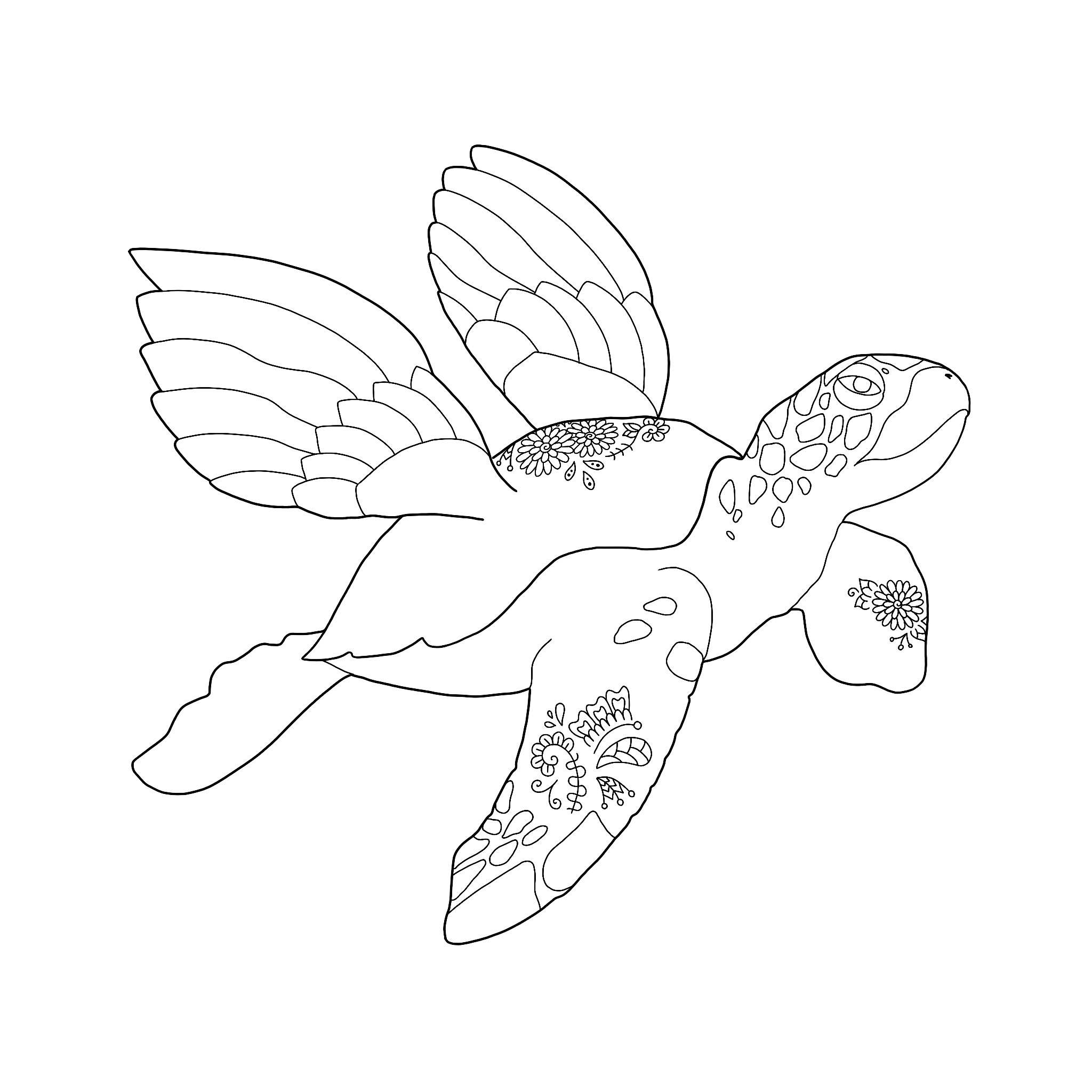 Winged turtle coloring sheet with black linework and white background. Shows sea turtle floating in the air with wings.