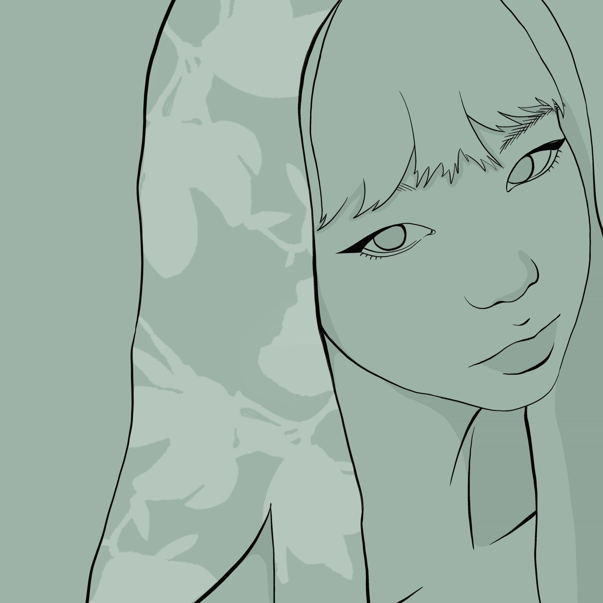Digital illustration of a girl with long hair and bangs, with a floral silhouette in her hair in a monochromatic mint green color scheme