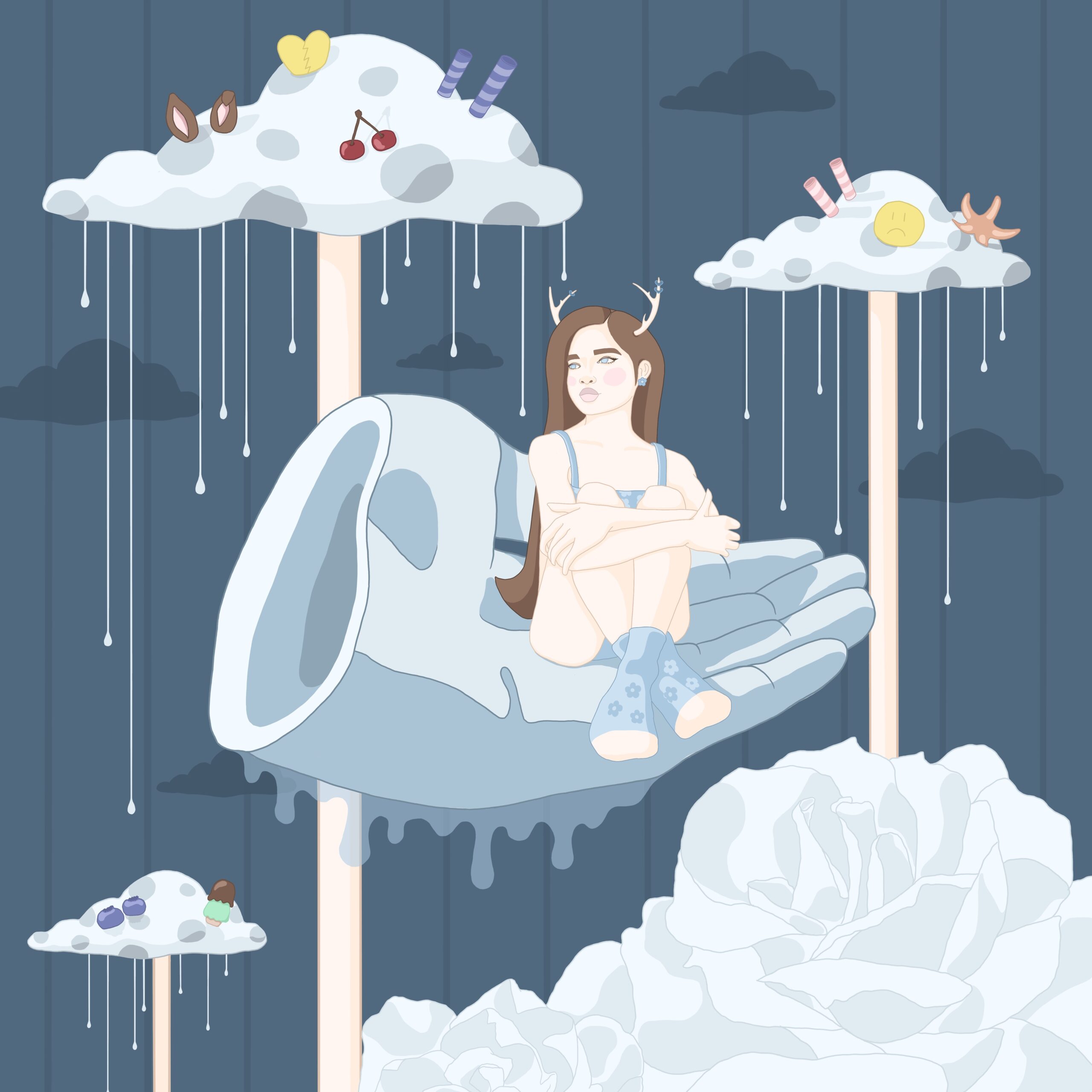 Digital fantasy illustration of a girl sitting in a large floating hand with mushroom clouds in the background and flowers in the foreground. In a blue and orange/yellow color scheme