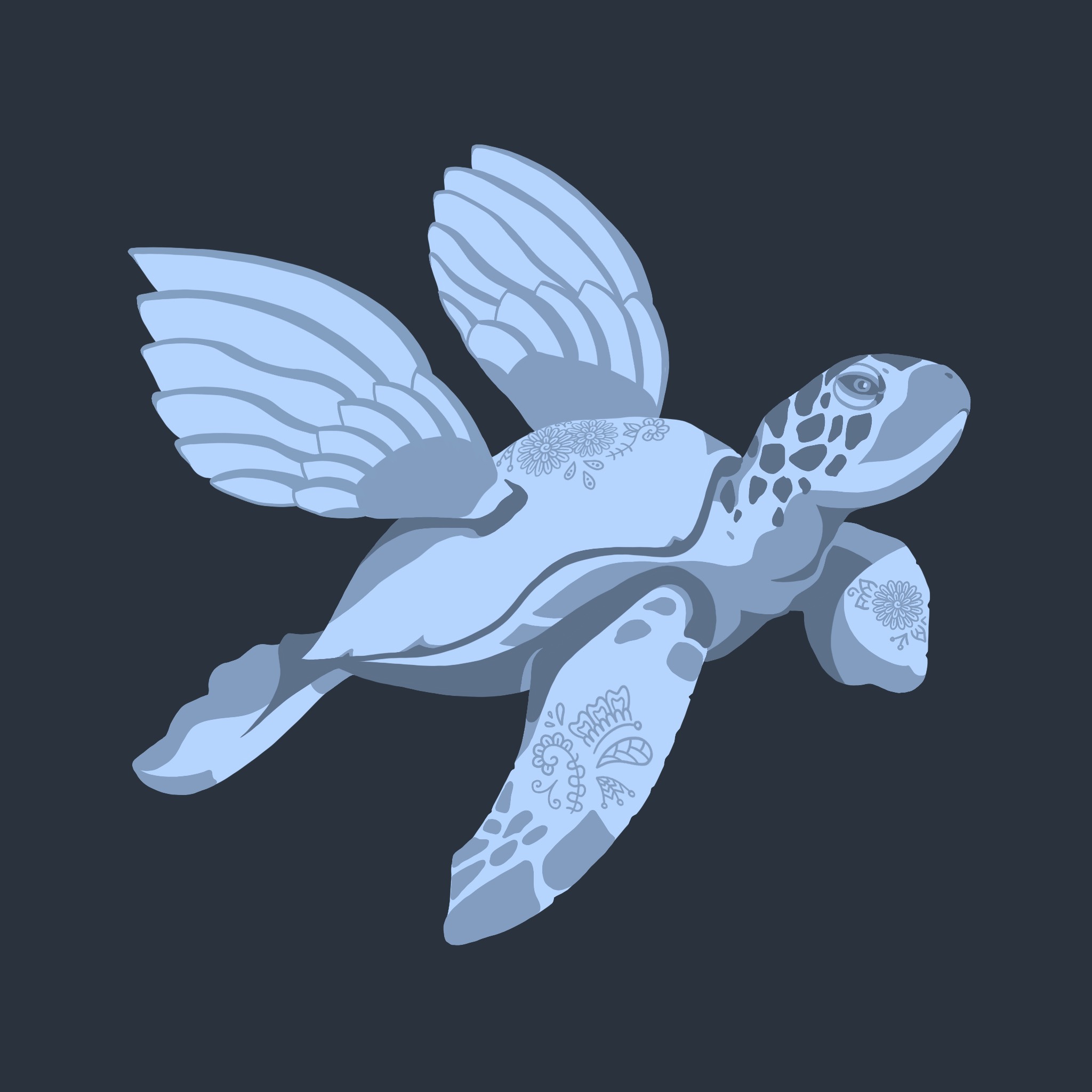 Digital illustration of a floating sea turtle with wings in a monochromatic blue color scheme