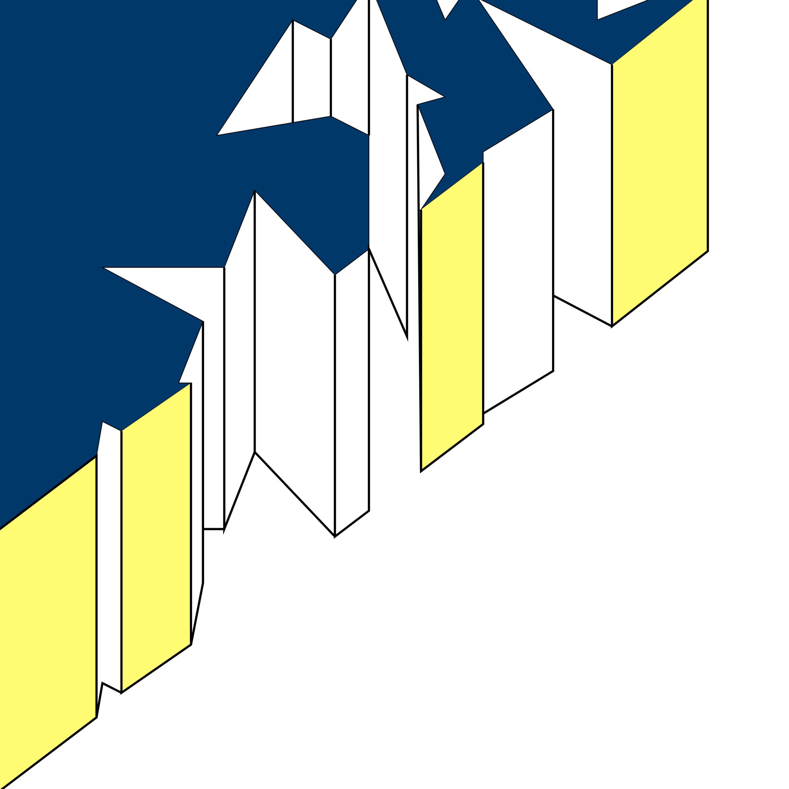 Illustration of a 3D triangular shape in dark blue and light yellow on a white background