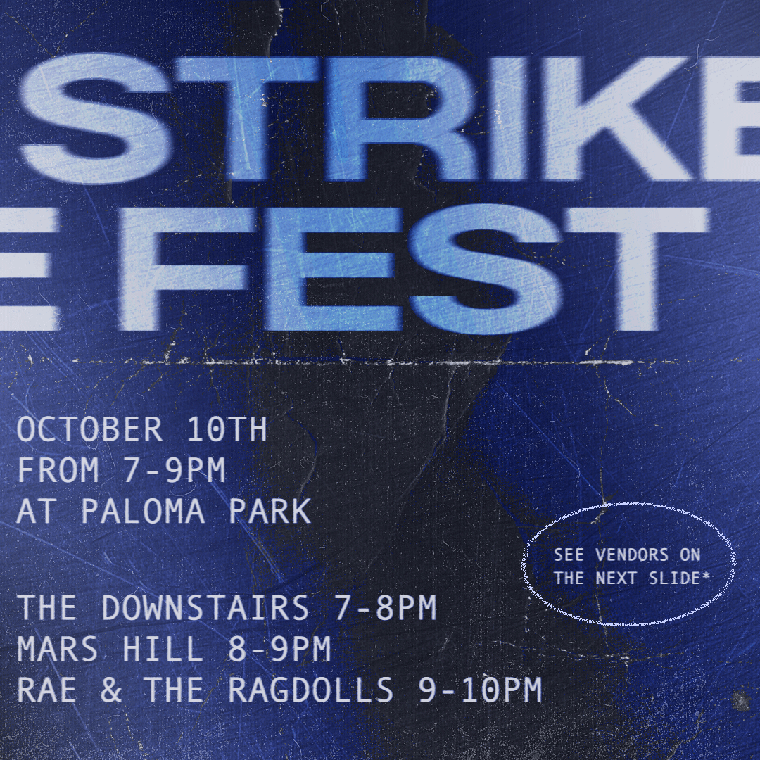 Strike Fest graphic in white, blue, and black